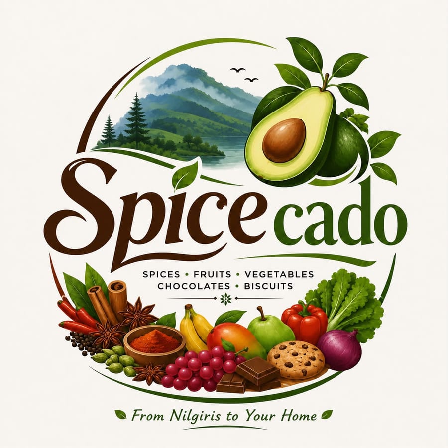 The SpiceCado emblem — an avocado above the Nilgiri hills, ringed with spices, fruit, vegetables, chocolate and biscuits